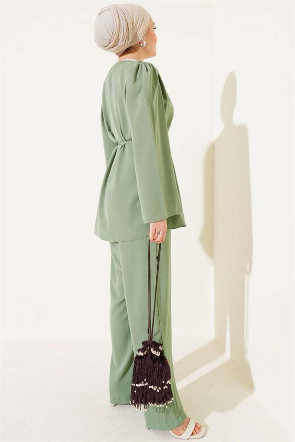Brit Buttoned Rope Belted Tunic 2 Piecet Set Almond Green
