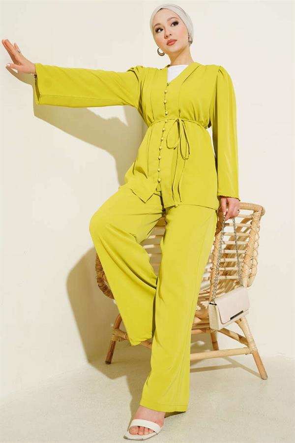 Brit Buttoned Rope Belted Tunic 2 Piece Set Oil Green