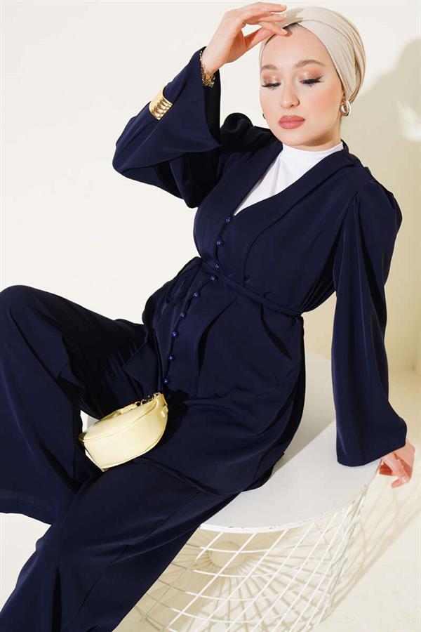 Brit Buttoned Rope Belted Tunic 2 Piece Set Navy Blue