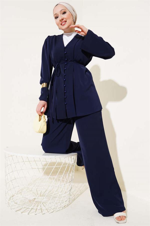 Brit Buttoned Rope Belted Tunic 2 Piece Set Navy Blue