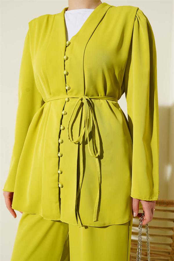 Brit Buttoned Rope Belted Tunic 2 Piece Set Oil Green