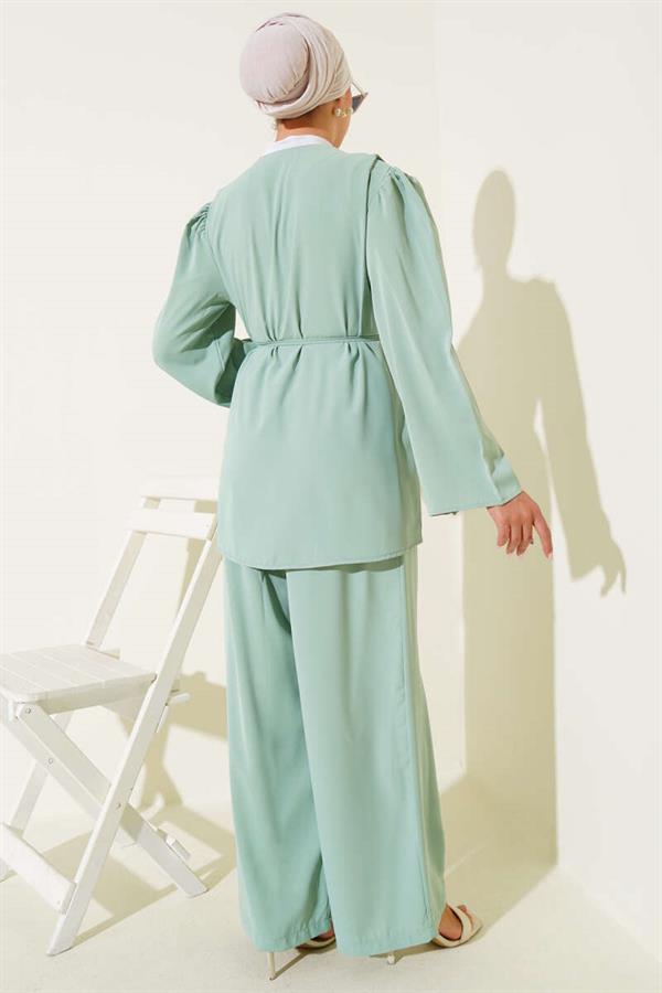Brit Buttoned Rope Belted Tunic 2 Piece Set Mint Green
