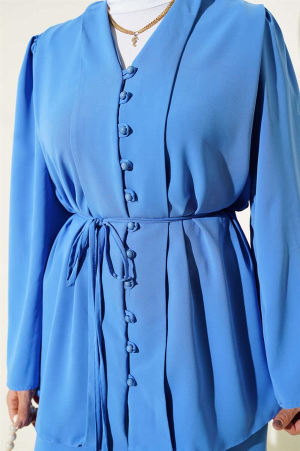 British Buttoned Tunic with Drawstring 2 Piece Set, Blue
