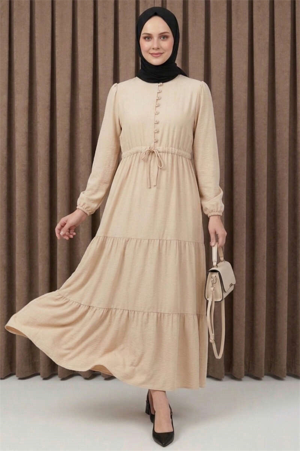 British Buttoned Layered Dress Beige