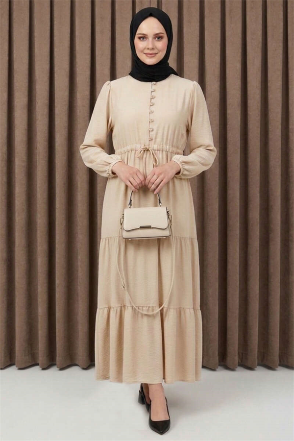 British Buttoned Layered Dress Beige