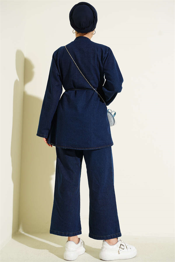 British Button-Down Denim 2 Piece Set, Navy Blue