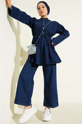 British Button-Down Denim 2 Piece Set, Navy Blue