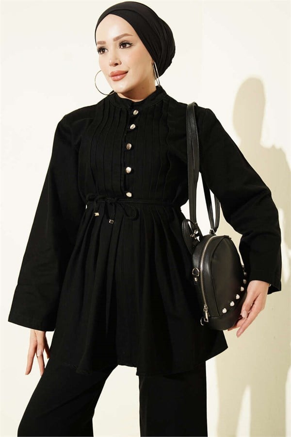 British Button-Down Denim 2 Piece Set, Black