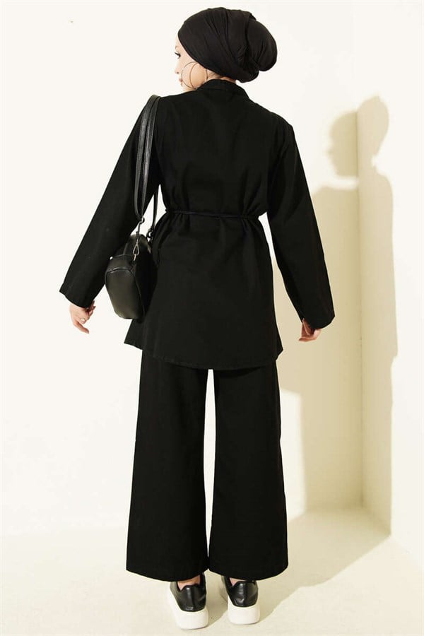 British Button-Down Denim 2 Piece Set, Black