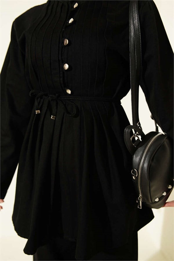 British Button-Down Denim 2 Piece Set, Black