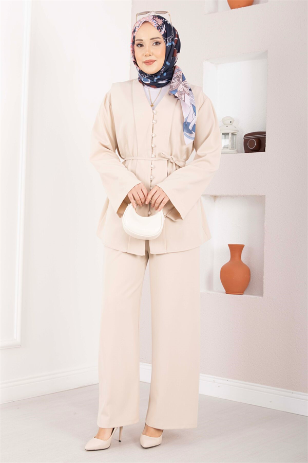 British Buttoned Belted 2 Piece Set, Beige