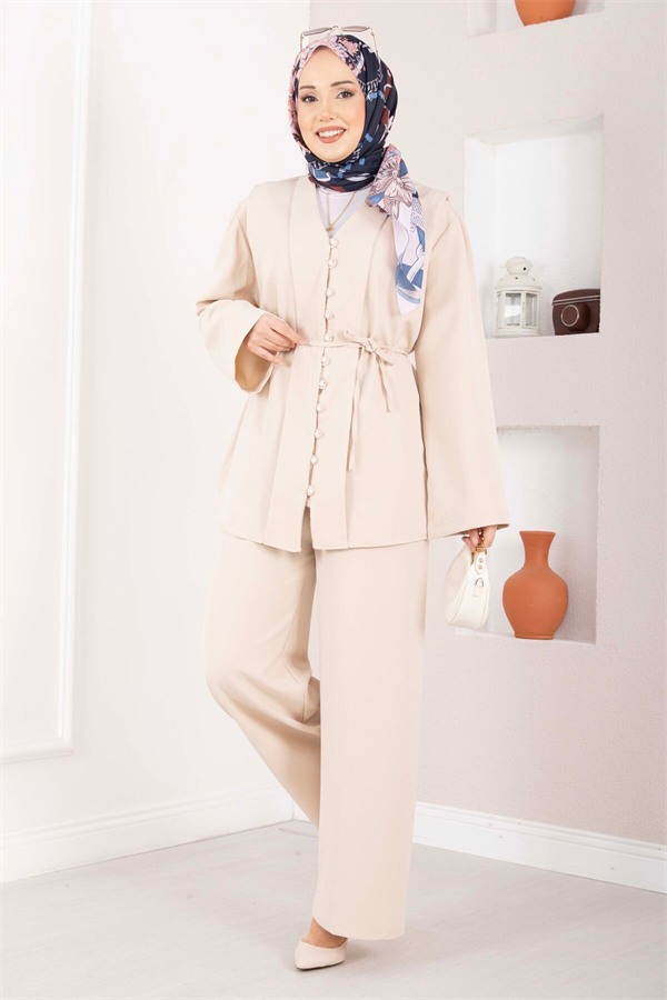 British Buttoned Belted 2 Piece Set, Beige