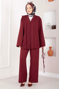 British Buttoned Belted 2 Piece Set in Burgundy