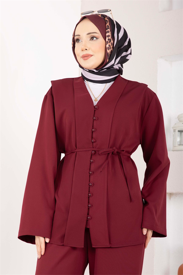 British Buttoned Belted 2 Piece Set in Burgundy