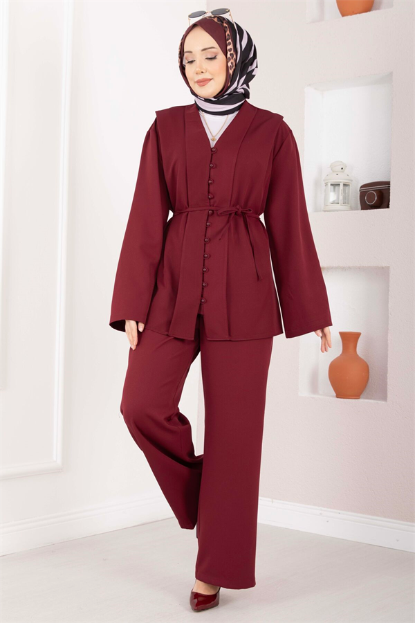 British Buttoned Belted 2 Piece Set in Burgundy