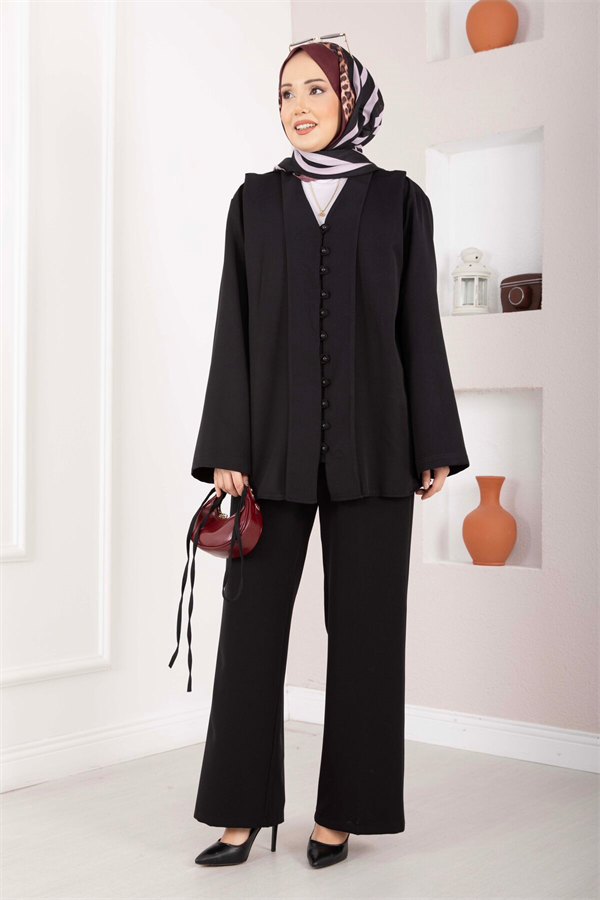 British Buttoned Belted 2 Piece Set, Black