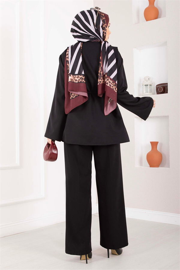 British Buttoned Belted 2 Piece Set, Black