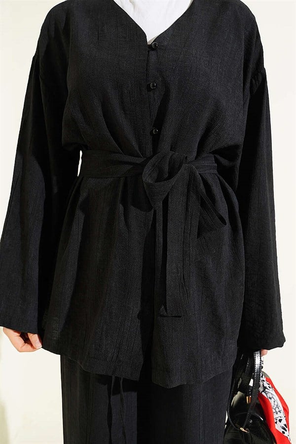 British Buttoned Belted 2 Piece Set, Black
