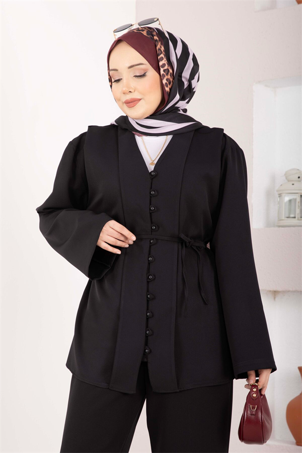 British Buttoned Belted 2 Piece Set, Black
