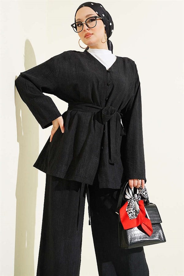 British Buttoned Belted 2 Piece Set, Black