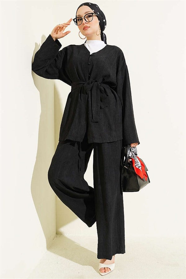 British Buttoned Belted 2 Piece Set, Black