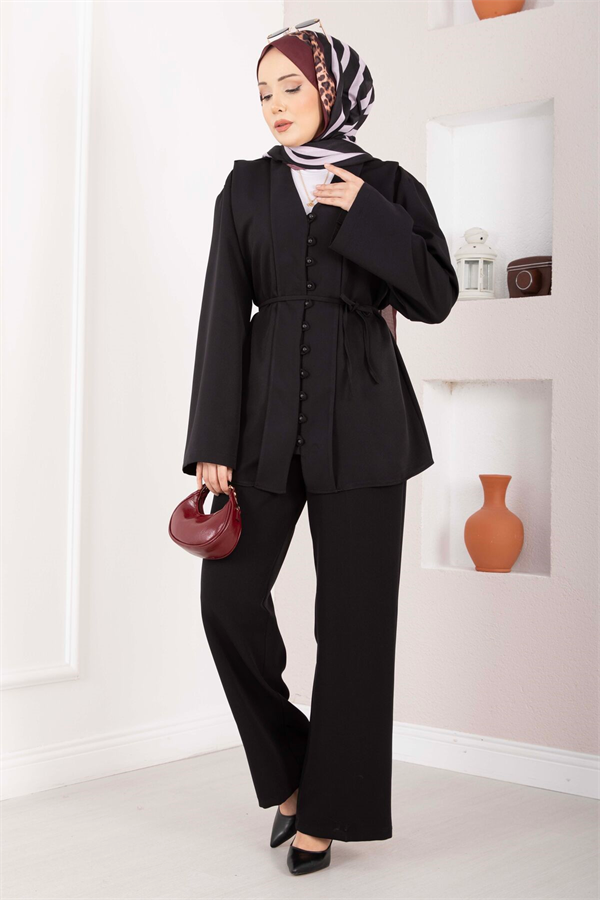 British Buttoned Belted 2 Piece Set, Black