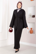 British Buttoned Belted 2 Piece Set, Black