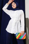 Brit Button-Up Belted Terikoton Shirt White