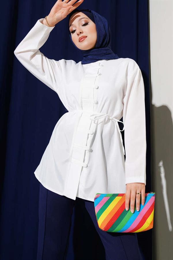 Brit Button-Up Belted Terikoton Shirt White