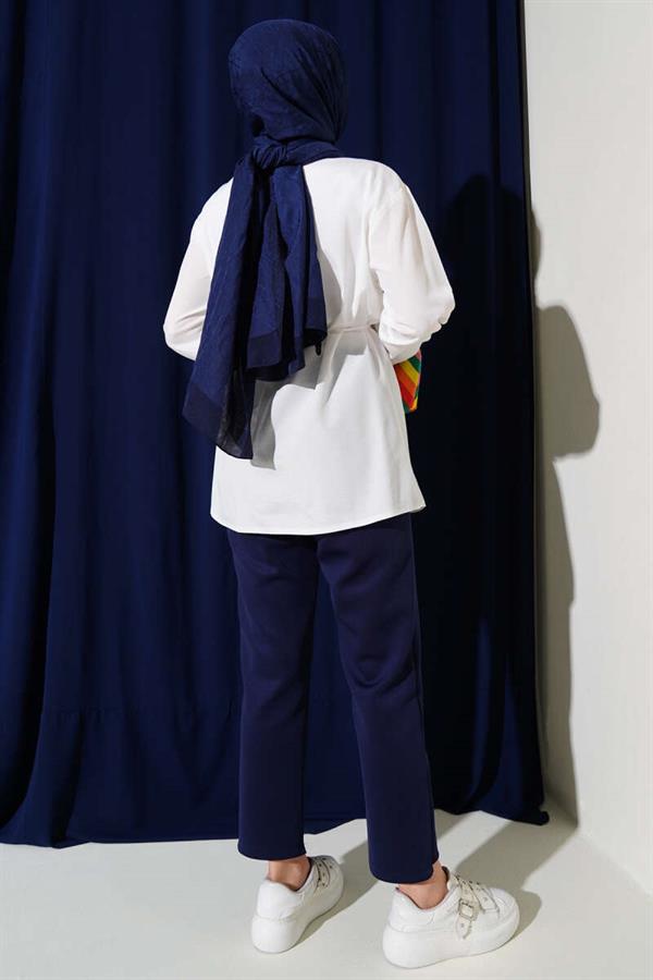 Brit Button-Up Belted Terikoton Shirt White