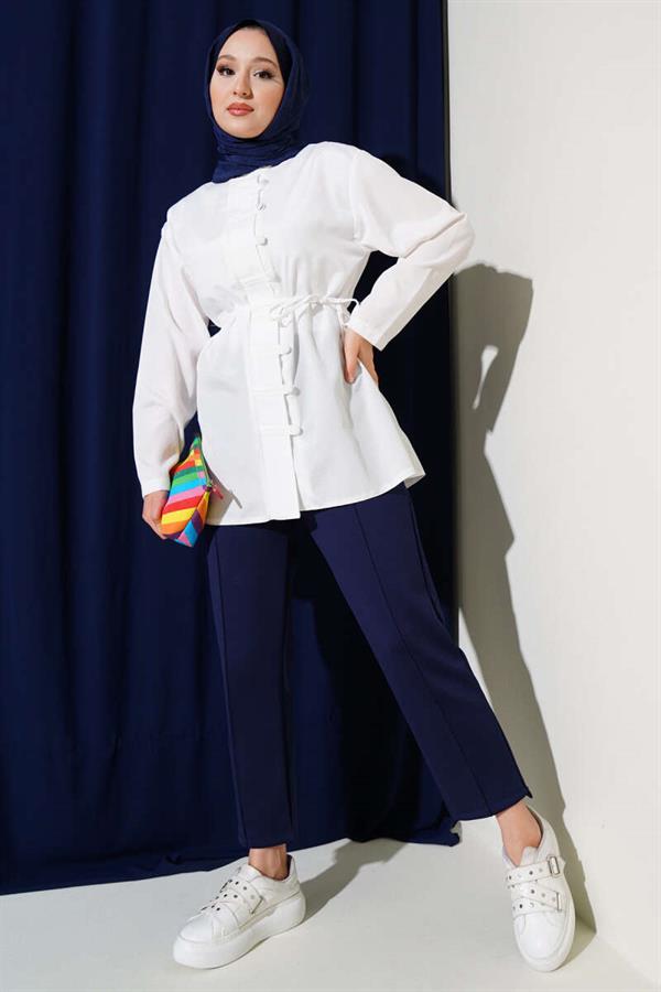 Brit Button-Up Belted Terikoton Shirt White