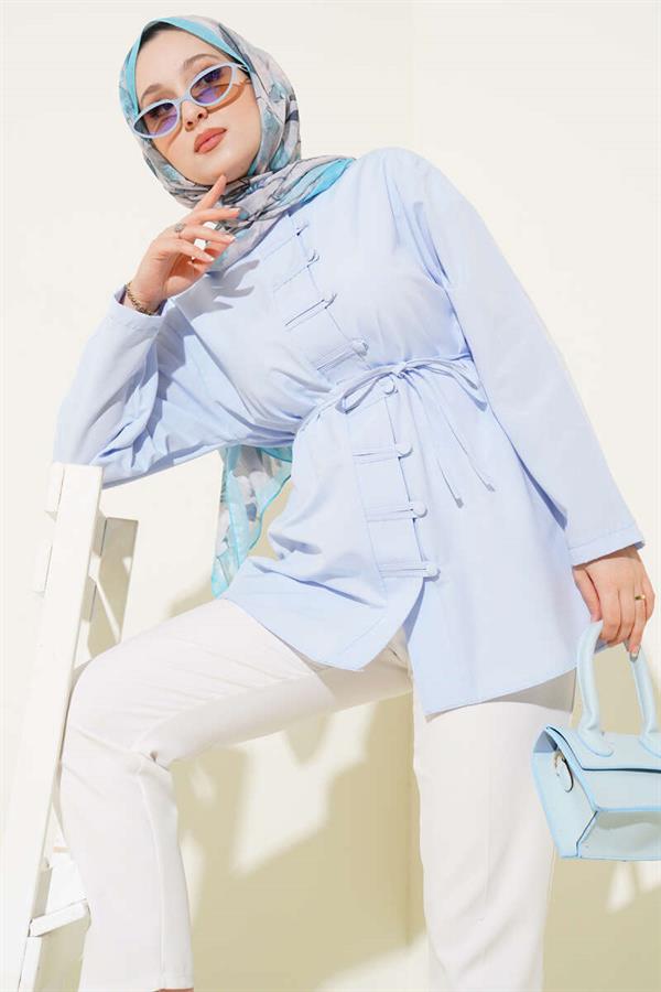 Brit Button-Up Belted Terikoton Shirt Blue