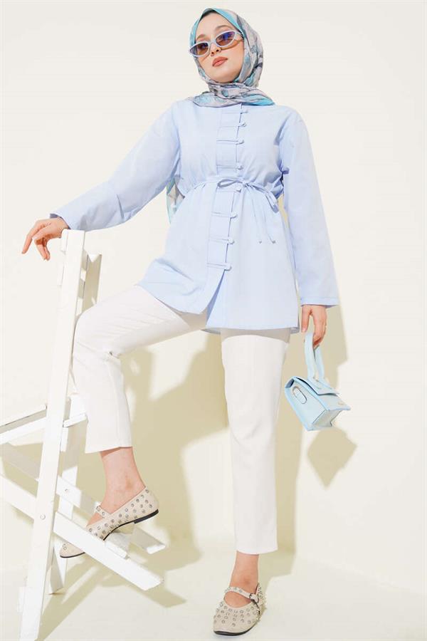 Brit Button-Up Belted Terikoton Shirt Blue