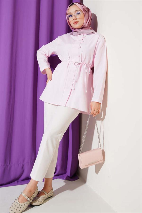Brit Button-Up Belted Terikoton Shirt Pink