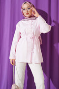 Brit Button-Up Belted Terikoton Shirt Pink