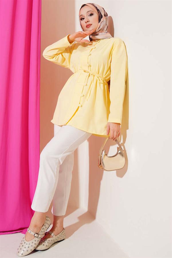 Brit Button-Up Belted Tericotton Shirt Yellow