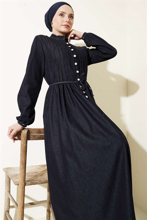 British Buttoned Ribbed Denim Dress Navy Blue