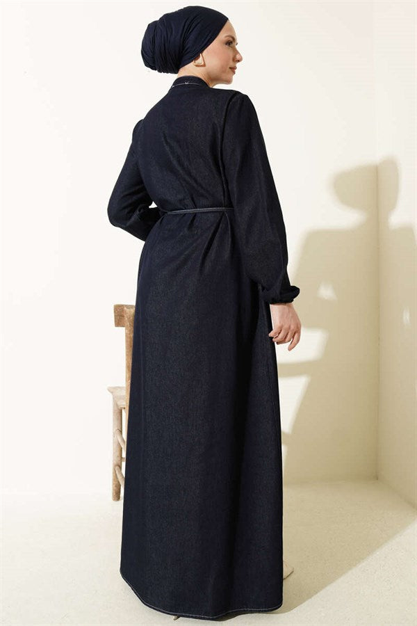 British Buttoned Ribbed Denim Dress Navy Blue