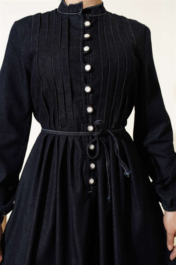 British Buttoned Ribbed Denim Dress Navy Blue