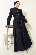 British Buttoned Ribbed Denim Dress Navy Blue