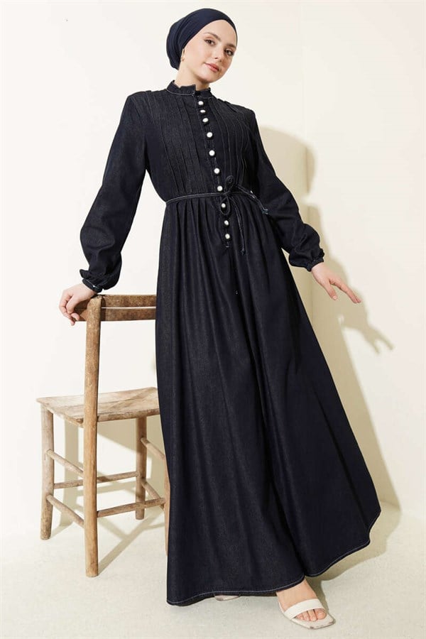 British Buttoned Ribbed Denim Dress Navy Blue