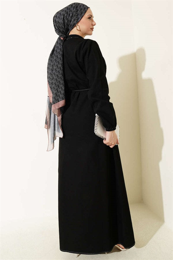 British Buttoned Ribbed Denim Dress Black