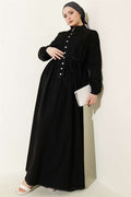 British Buttoned Ribbed Denim Dress Black