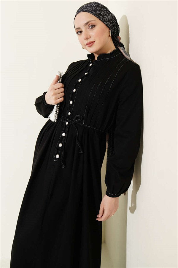 British Buttoned Ribbed Denim Dress Black