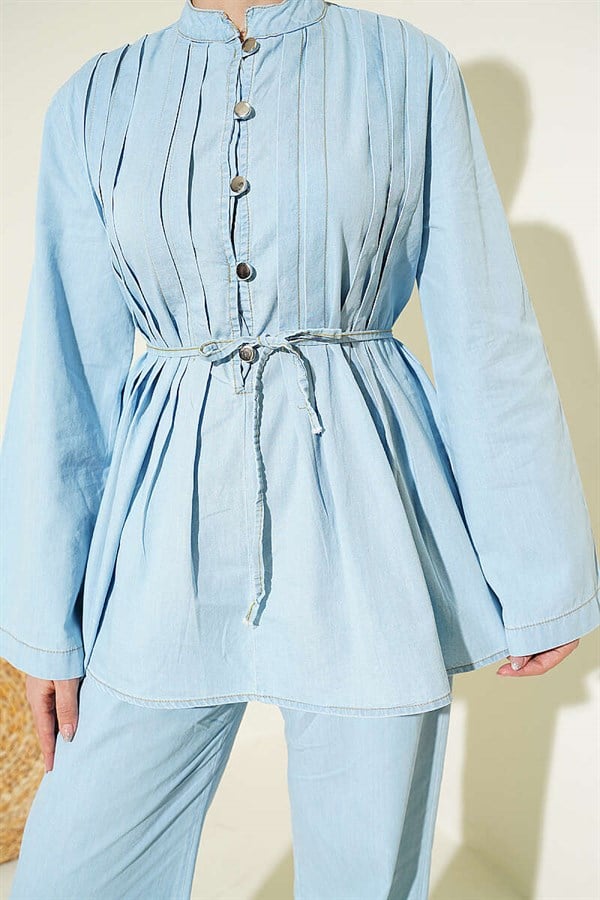 British Buttoned Ribbed Denim 2 Piece Set Ice Blue
