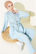 British Buttoned Ribbed Denim 2 Piece Set Ice Blue