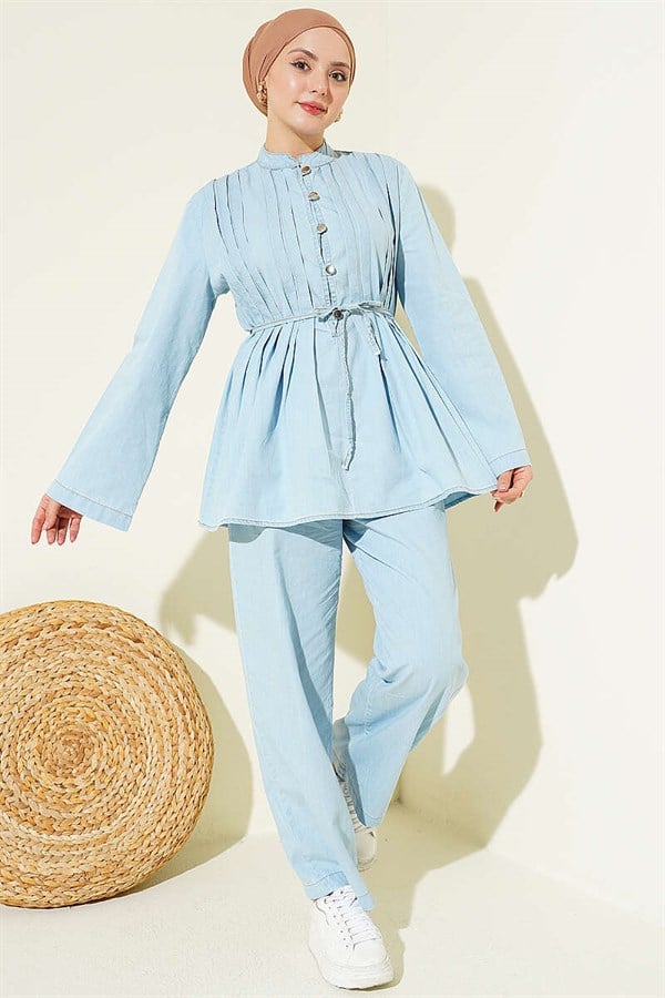 British Buttoned Ribbed Denim 2 Piece Set Ice Blue