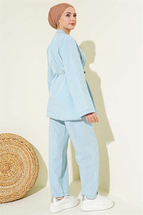 British Buttoned Ribbed Denim 2 Piece Set Ice Blue