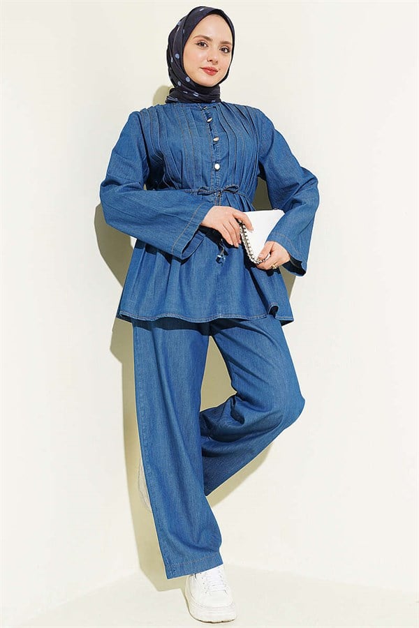 British Buttoned Ribbed Denim 2 Piece Set