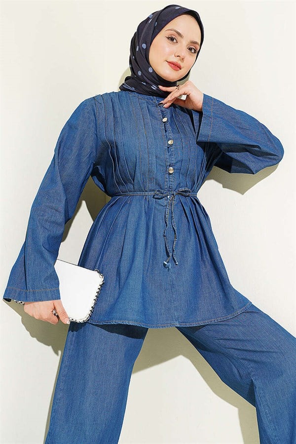 British Buttoned Ribbed Denim 2 Piece Set